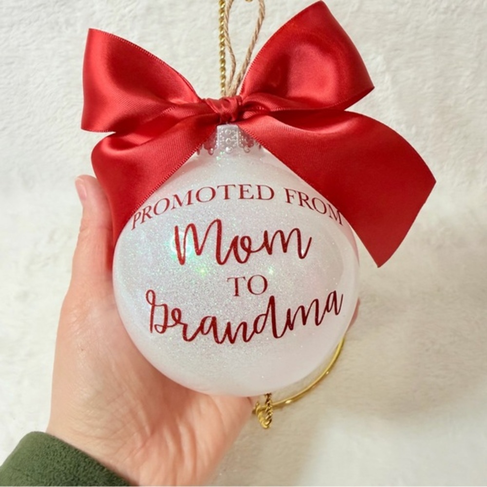 Mom to Grandma White Glitter Red Bow & Letters 5"‎ Holiday Christmas Ornament